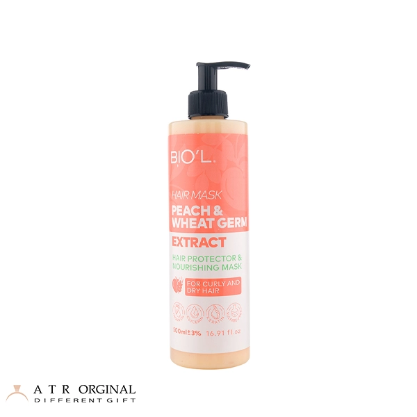 biol-peach-and-wheat-hair-mask-for-dry-hair ماسک مو بیول حاوی هلو و جوانه گندم مناسب مو خشک و فر حجم 500 میلی لیتر