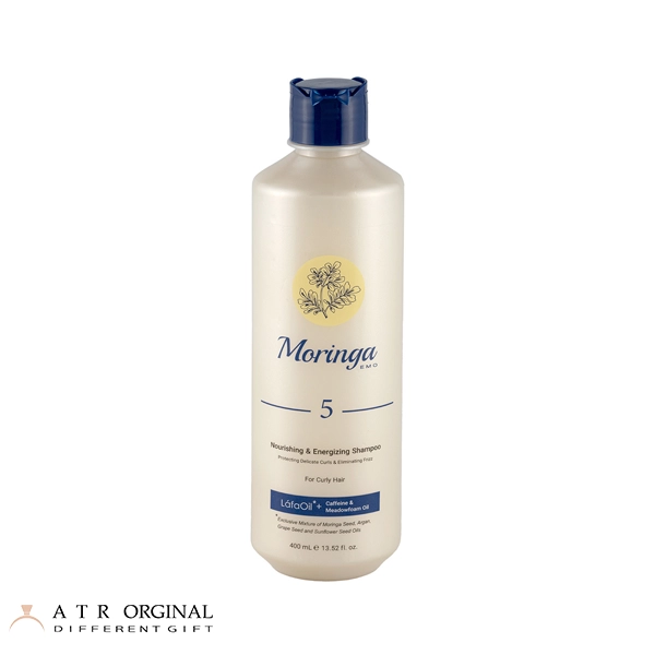 moringa-emo-nourishing-shampoo-number-5-for-curly-hair شامپو محافظ موی فر شماره 5 حجم 400میل مورینگا