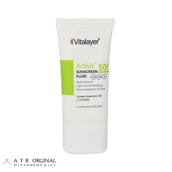 فلوئید ضدآفتاب بی‌رنگ ویتالیر SPF50 مدل Activit، مناسب پوست‌های مختلط و چرب، حجم 50 میلی‌لیتر
