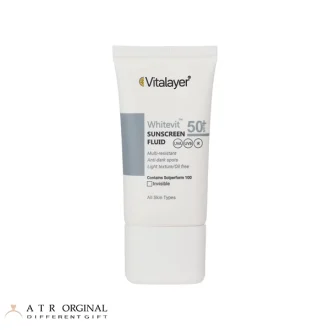 فلوئید ضدآفتاب بی‌رنگ ویتالیر SPF50 مدل Whitevit مناسب انواع پوست، حجم 50 میلی‌لیتر