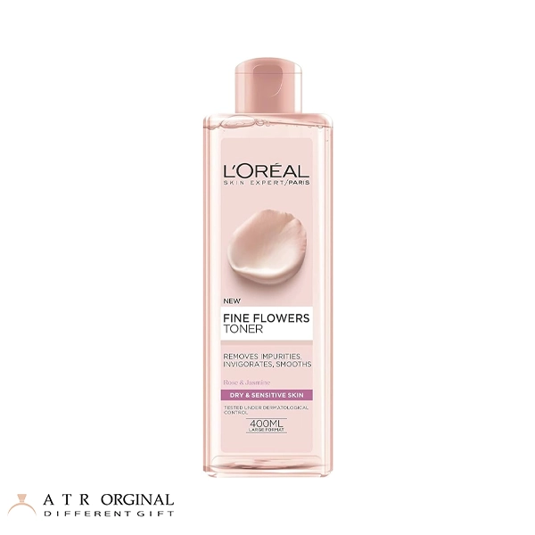 LOREAL FINE FLOWERS DRY & SENSITIVE SKIN TONER 400 Ml تونر گل رز لورال ۴۰۰ میل مناسب پوست خشک و حساس